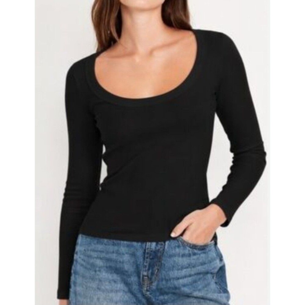 Old Navy Snug Sz Medium Womens Black Ribbed T Long Sleeve Ribbed Scoop Neck